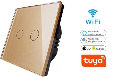 LUMA HOME chytrý vypínač dotykový tvrzené sklo, podsvícený zlatý dvoutlačítkový