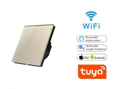 LUMA HOME chytrý vypínač dotykový tvrzené sklo, podsvícený zlatý třítlačítkový