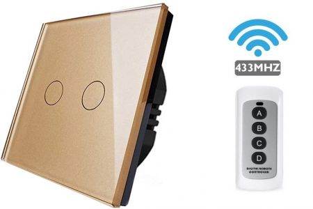 LUMA HOME chytrý vypínač dotykový tvrzené sklo, podsvícený zlatý dvoutlačítkový