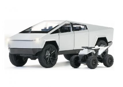 Tesla Cybertruck kovový model hračka na baterie se čtyřkolkou světla zvuk 1:24 stříbrná