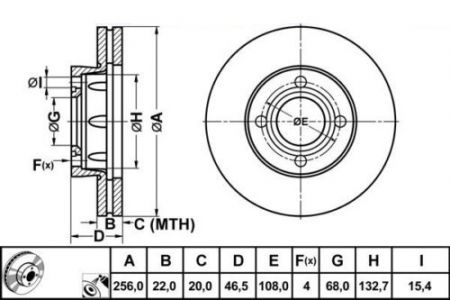 ALPHA BRAKES BRZDOVÝ KOTOUČ PŘEDNÍ AUDI 80 -91, 100 -90 CHLAZENÉ 256 X 46,2 X 22 X 4 431615301A 443615301A 443615301B