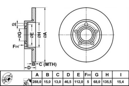 ALPHA BRAKES BRZDOVÝ KOTOUČ PŘEDNÍ AUDI A4 1.8 95-00, A6 94-97, 100 90-94 288 X 46,2 X 15 X 5