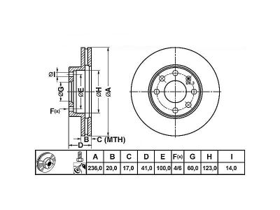 ALPHA BRAKES BRZDOVÝ KOTOUČ PŘEDNÍ DAEWOO LANOS 1.5 97-, NEXIA 1.5 95-, OPEL ASTRA 1.4,1.6, 1.7 236 X 41 X 20 X 6