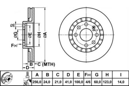 ALPHA BRAKES BRZDOVÝ KOTOUČ PŘEDNÍ DAEWOO LANOS 97-, NEXIA 1.5, ESPERO 1.5,1.8,2.0 95- 256 X 41 X 24 X 6