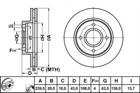 ALPHA BRAKES BRZDOVÝ KOTOUČ PŘEDNÍ FORD FIESTA 89-02, ESCORT 90-99, KA 96-, PUMA 97-, ORION 90-93, 239,5 X 43 X 20 X 4