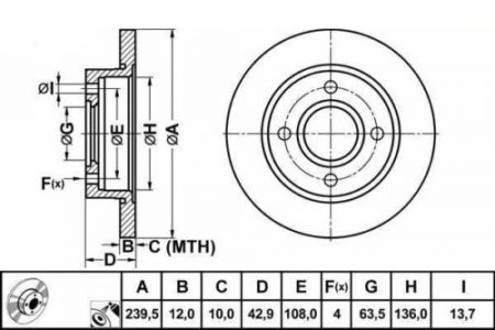 ALPHA BRAKES BRZDOVÝ KOTOUČ PŘEDNÍ FORD FIESTA 95-02, KA 96-, MAZDA 121 96- 239,5 X 43 X 12 X 4