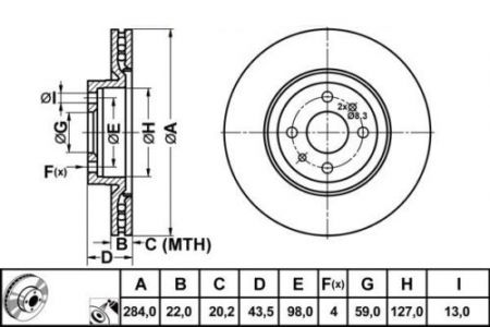 ALPHA BRAKES BRZDOVÝ KOTOUČ PŘEDNÍ ALFA 155 92-97, FIAT DOBLO 05-, LANCIA THEMA 89-94 284 X 43,5 X 22 X 4