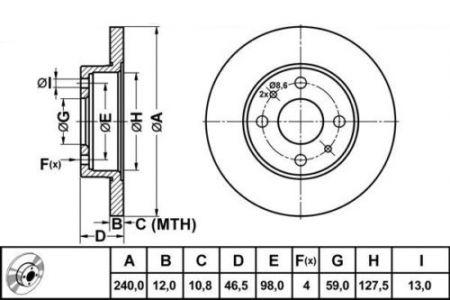 ALPHA BRAKES BRZDOVÝ KOTOUČ PŘEDNÍ FIAT UNO 83-, LANCIA Y10 85-, SIENA 96-98 240 X 46,5 X 12 X 4