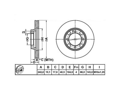 ALPHA BRAKES BRZDOVÝ KOTOUČ PŘEDNÍ HYUNDAI ACCENT 94-, PONY, EXCEL 89-, S-COUPE 91- 242 X 40,5 X 19 X 4