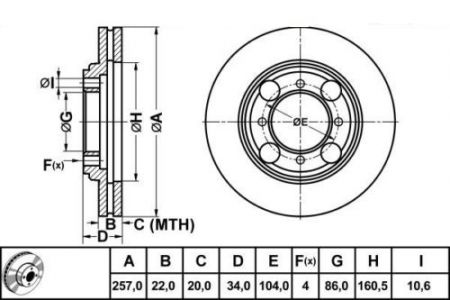 ALPHA BRAKES BRZDOVÝ KOTOUČ PŘEDNÍ HYUNDAI LANTRA 1.6,1.8,2.0 90-, COUPE 1.6,2.0 -98 257 X 34 X 22 X 4