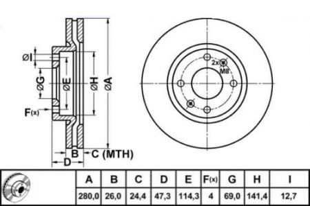 ALPHA BRAKES BRZDOVÝ KOTOUČ PŘEDNÍ HYUNDAI SONATA 01-04, ELANTRA 03- 280 X 47 X 26 X 4