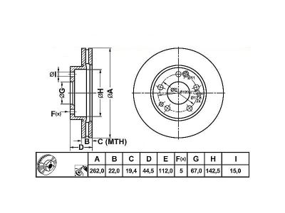 ALPHA BRAKES BRZDOVÝ KOTOUČ PŘEDNÍ MERCEDES W201 2.5TD 262 X 44,5 X 22 X 5