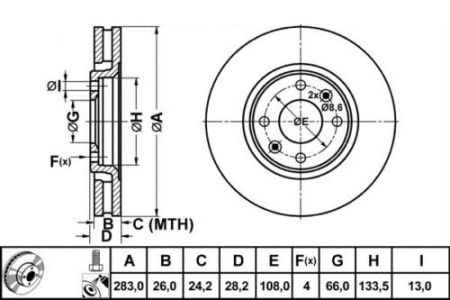 ALPHA BRAKES BRZDOVÝ KOTOUČ PŘEDNÍ PEUGEOT 406 1.9TD,2.0TD,2.0,2.1TD,2.2TD,2.2,3.0 96-, CITROEN XANTIA 283 X 28,2 X 26 X 4
