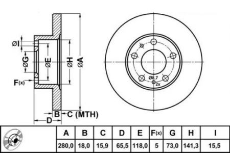 ALPHA BRAKES BRZDOVÝ KOTOUČ PŘEDNÍ FIAT DUCATO 94-, CITROEN JUMPER 94-, PEUGEOT BOXER 94- NECHLAZENÉ 280 X 65,5 X 18 X 5
