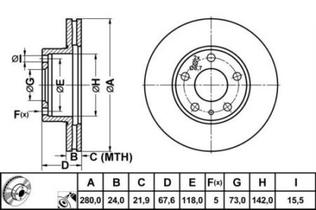 ALPHA BRAKES BRZDOVÝ KOTOUČ PŘEDNÍ FIAT DUCATO 94-, CITROEN JUMPER 94-, PEUGEOT BOXER 94- CHLAZENÉ 280 X 65,5 X 24 X 5
