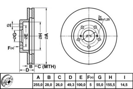 ALPHA BRAKES BRZDOVÝ KOTOUČ PŘEDNÍ TOYOTA CARINA E 2.0 92- 255 X 49 X 28 X 5