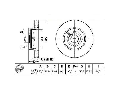 ALPHA BRAKES BRZDOVÝ KOTOUČ PŘEDNÍ TOYOTA COROLLA JP 92-, UK 98- 255 X 48 X 22 X 4