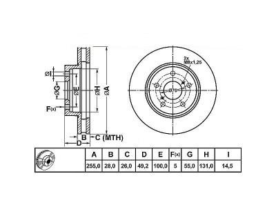ALPHA BRAKES BRZDOVÝ KOTOUČ PŘEDNÍ TOYOTA CARINA E UK 93- 255 X 49 X 28 X 5