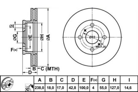 ALPHA BRAKES BRZDOVÝ KOTOUČ PŘEDNÍ TOYOTA,STARLET EP8 +ABS 92-, EP9 96- TERCEL 90- 238 X 43 X 18 X 4