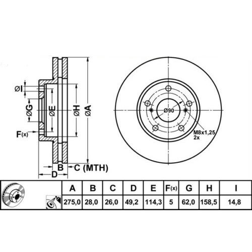 ALPHA BRAKES BRZDOVÝ KOTOUČ PŘEDNÍ TOYOTA CAMRY 91-01, AVENSIS VERSO 01-03, PREVIA 00-06, LEXUS ES300 96- 275 X 49 X 28 X 5