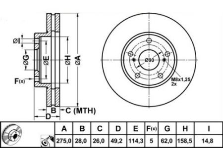ALPHA BRAKES BRZDOVÝ KOTOUČ PŘEDNÍ TOYOTA CAMRY 91-01, AVENSIS VERSO 01-03, PREVIA 00-06, LEXUS ES300 96- 275 X 49 X 28 X 5