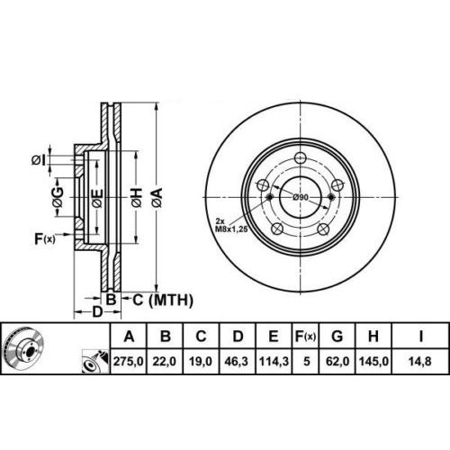 ALPHA BRAKES BRZDOVÝ KOTOUČ PŘEDNÍ TOYOTA AURIS 1.4, 1.6 06- JP 275 x 46,3 x 22 x 5