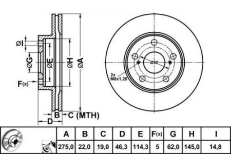 ALPHA BRAKES BRZDOVÝ KOTOUČ PŘEDNÍ TOYOTA AURIS 1.4, 1.6 06- JP 275 x 46,3 x 22 x 5