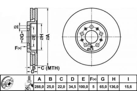 ALPHA BRAKES BRZDOVÝ KOTOUČ PŘEDNÍ AUDI A3 96-, VW GOLF IV 97-, BORA 98- 288 X 34,2 X 25 X 5